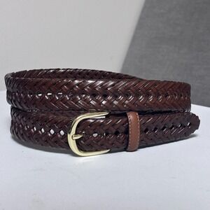 Braided Waist Belt L 38-40 Brown Faux Leather Vegan Gold Tone Classic Dress